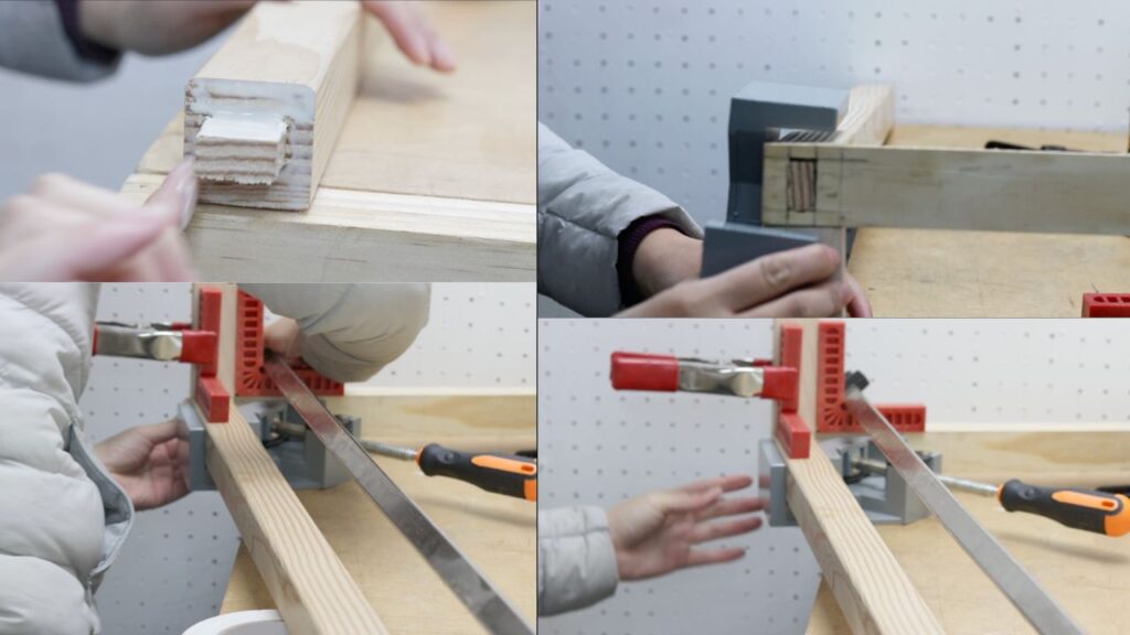 assembling a DIY whiteboard top play desk frame corner 