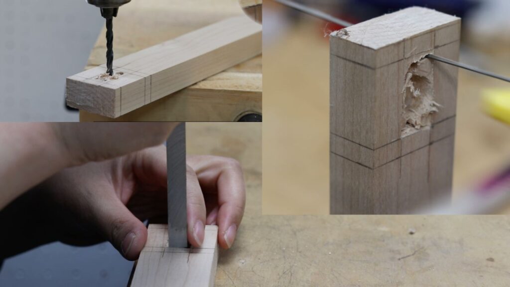 bad example of cutting wood joinery (a mortise joint) on DIY whiteboard top play desk frame with an electric drill, a copping saw and a chisel