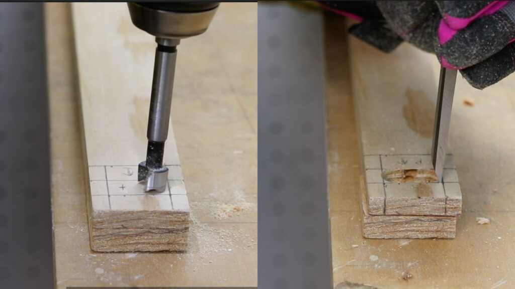 cutting wood joinery (a mortise joint) with an electric drill and chisel on the DIY whiteboard top play desk frame 