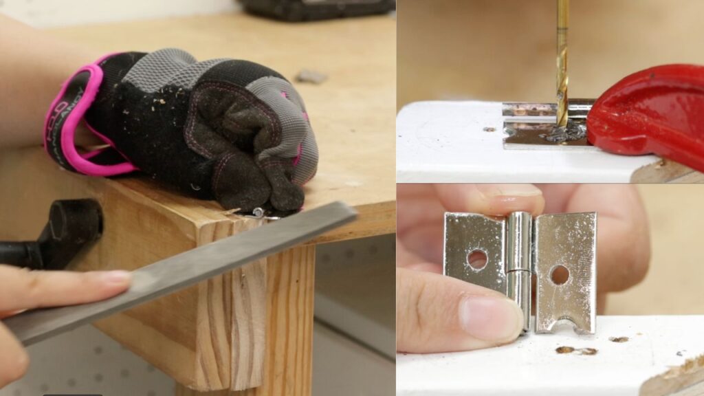 Drill holes on hinge sides, DIY Folding Workbench image 5
