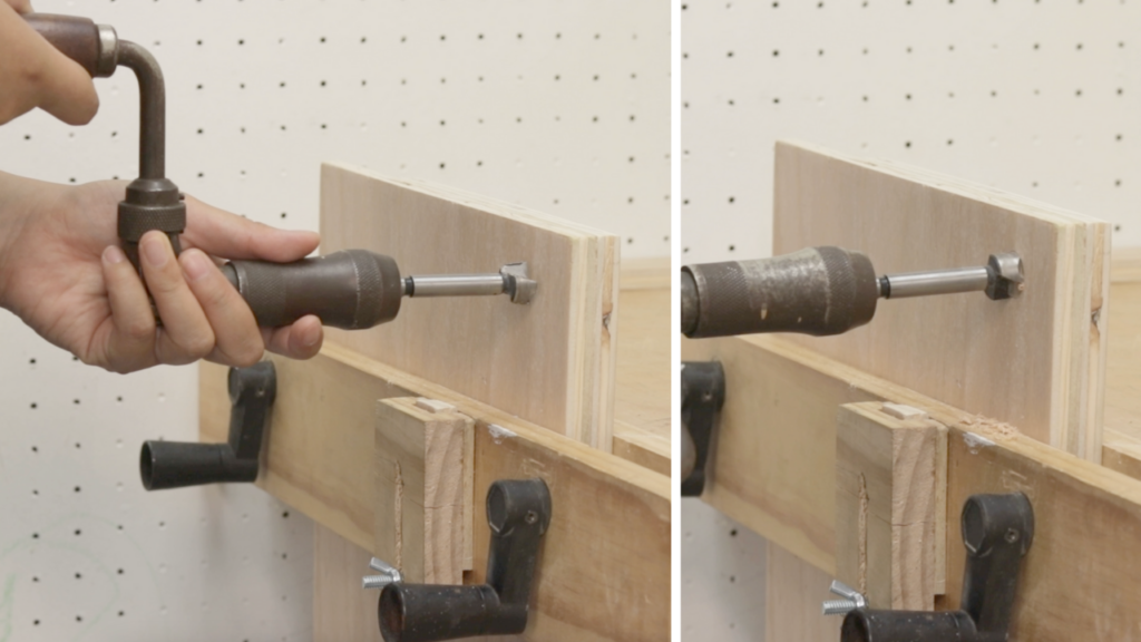 Get a clean cut on the thin surface of plywood using a Fastner drill bit, Hand Tools On Plywood: Bore Holes With A Swing Brace