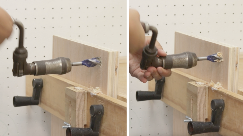 Speed up using an Auger bit for the mixed grain in the plywood board, Hand Tools On Plywood: Bore Holes With A Swing Brace