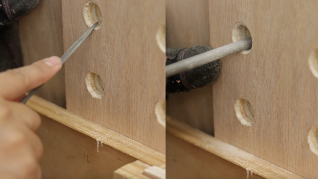Refine the hole edges and surface with a half round file and a rough round file, Hand Tools On Plywood: Bore Holes With A Swing Brace